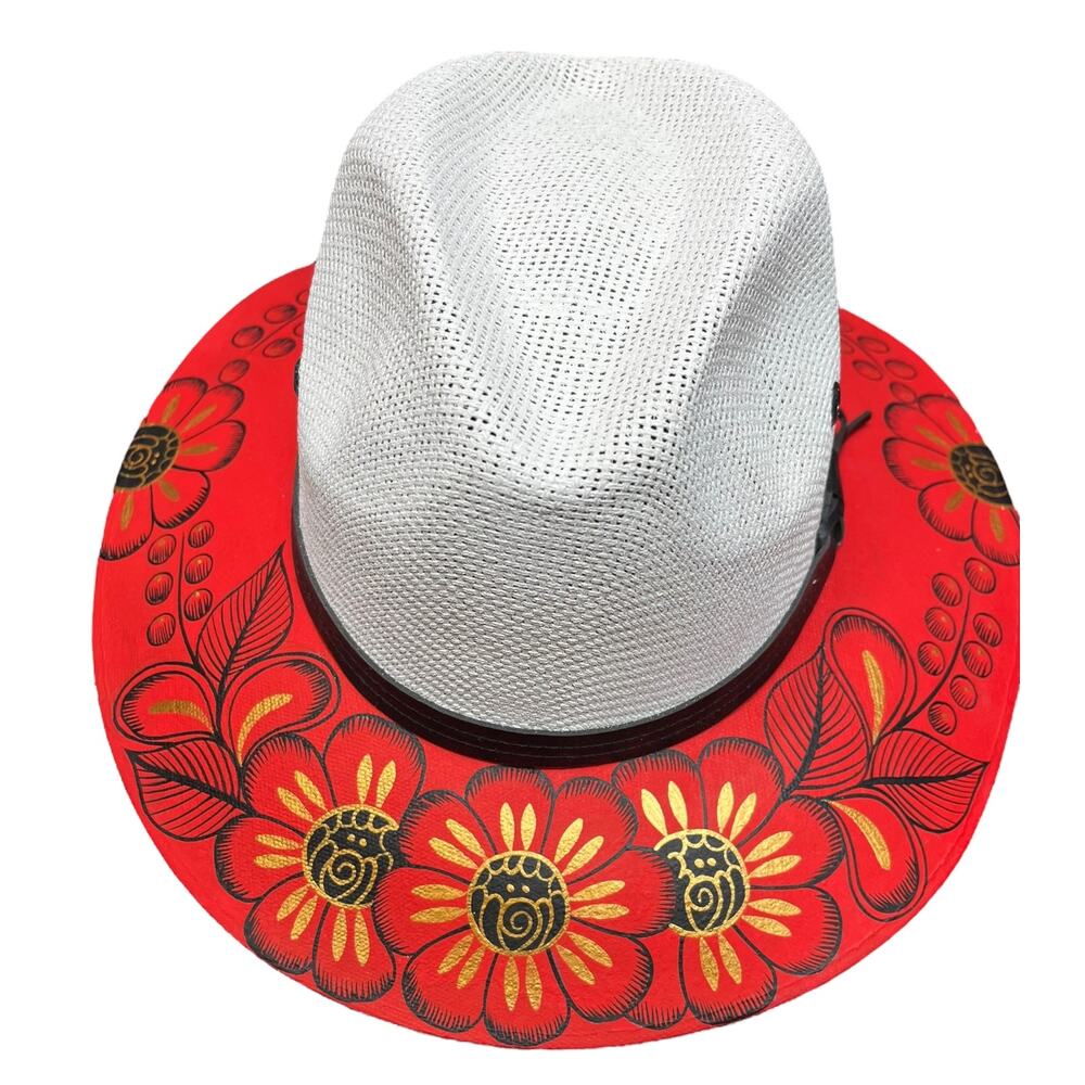 HAT MEXICAN Artisanal Hand Painted Fedora Floral Sombrero Panama Bohemian Red - Picture 6 of 6